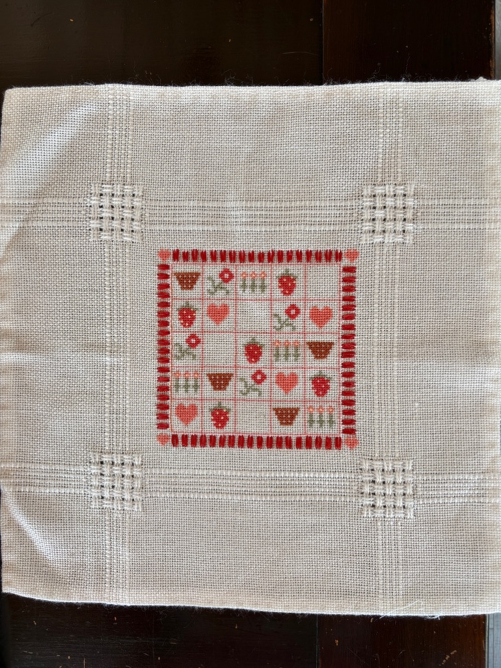 Embroidered White Decorative Linen with Red Heart and Strawberry Motif